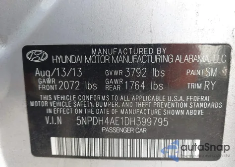 2013 Hyundai Elantra Limited z USA, uszkodzony, nr VIN 5NPDH4AE1DH399795